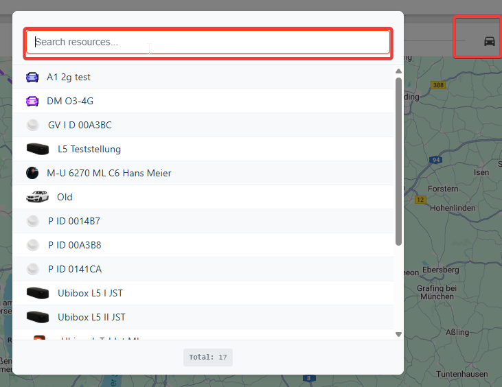 Suchdialog mit Fahrzeugliste und Suchfeld