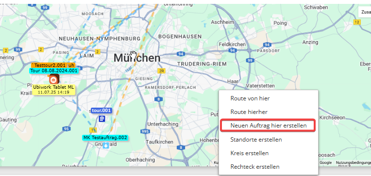 Auftrag über Karte erstellen